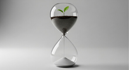 Hourglass with green sprout growing in soil turning into white sand. Concept of time running out for nature, environmental sustainability, and climate change.