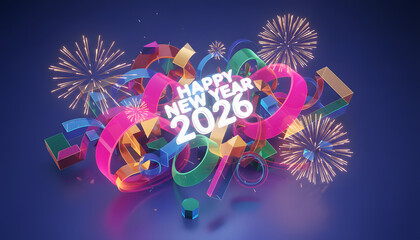 Displays colorful ribbons, happy new year 2026 text, and fireworks. Great for new years eve party invitations or celebration graphics.