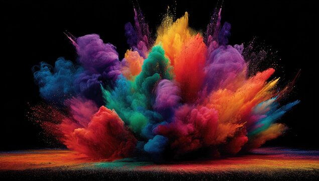A vibrant explosion of colorful powder against a black backdrop, creating a dynamic visual
