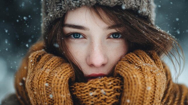 Young woman with blue eyes bundled in a scarf during a snowfall, gazing into the distance.