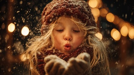Blonde young girl in winter attire blowing snowflakes in a magical evening setting.