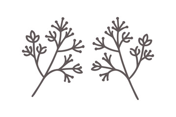 Two grey branches with small leaves and buds on a black background outline