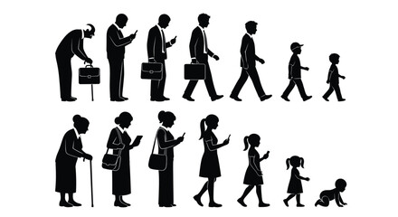 Human evolution towards smartphone addiction in black silhouettes