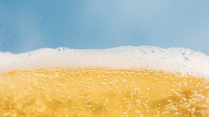 Close-up of beer foam. Macro shot of light beer texture: bubbles, foam. Alcohol