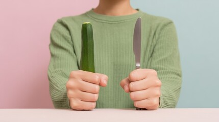 A person holding a knife and a cucumber in front of a table. Young woman holds a small zucchini in her right hand, while her left hand holds a kitchen knife