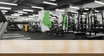 Wooden table top with blurred modern gym background  fitness workout concept.