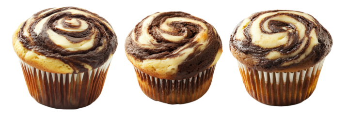 Freshly baked chocolate and vanilla marble muffin with swirl pattern, isolated on white transparent background