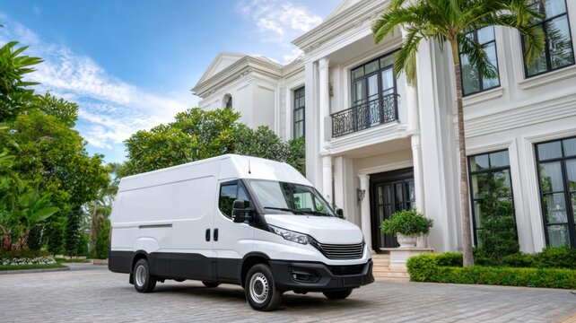 A white van is parked in front of a large house