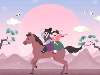 Joyful Korean New Year Celebration with Children on Horseback