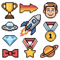 Retro 8-Bit Pixel Art Achievement, Space & Themed Icon Set