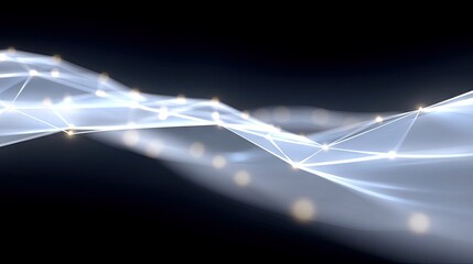 An abstract digital visualization of a network structure with interconnected nodes and glowing lines, set against a dark, out-of-focus background. The overall m