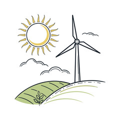 Minimalist line art illustration of a wind turbine and sun on a hill Keywords: wind turbine, renewable energy, green energy, clean energy
