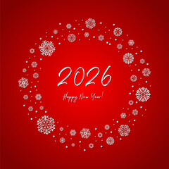 2026 happy new year. white text on red gradient with snowflakes frame. vector illustration. design template for greeting card, banner, invitation