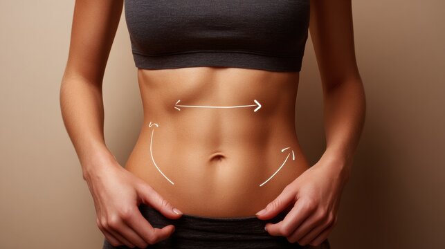 Close-up of a Realistic Abdomen Highlighting Fat Reduction Zones With Arrows in a Professional Clinic Style