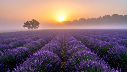 Lavender field basking in the golden hues of sunrise with a lone tree