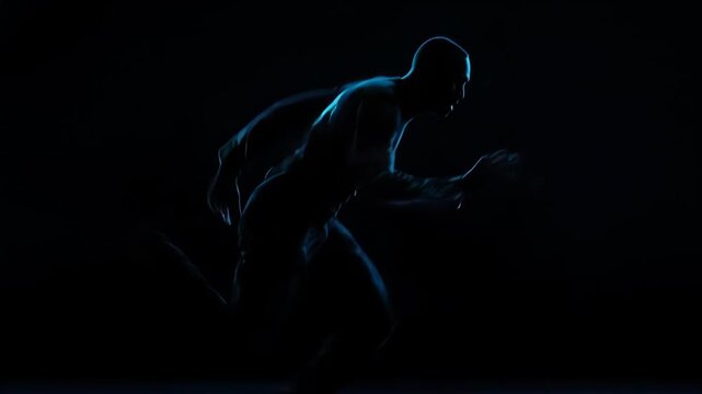 A shadowed figure is backlit with blue, mid-motion, blurred action