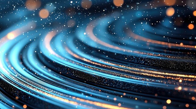 Abstract background with swirling blue and gold light trails, sparkling particles, and bokeh effects. Futuristic and digital.