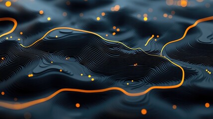 An abstract digital landscape with dark, wavy terrain and glowing orange lines and small dots, suggesting data flow or energy.