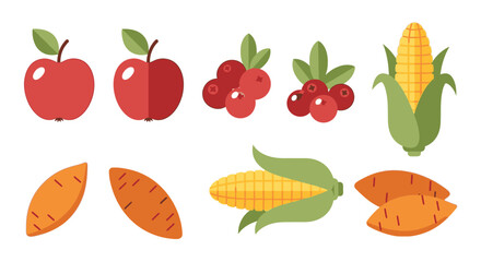 A collection of fresh fruits and vegetables including apples, cranberries, corn, and carrots.