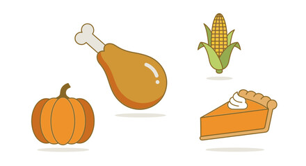 A set of four Thanksgiving food icons including a pumpkin, turkey leg, corn, and pie slice.