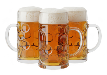 Three beer mugs filled with golden beer and foamy head, isolated on transparent background