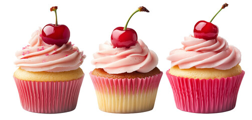 Cupcake with pink swirl frosting and red cherry on top, isolated on white background, concept of dessert treat