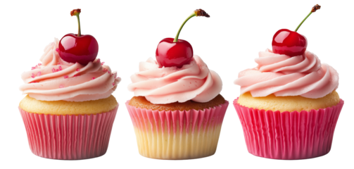 Cupcake with pink swirl frosting and red cherry on top, isolated on white background, concept of dessert treat