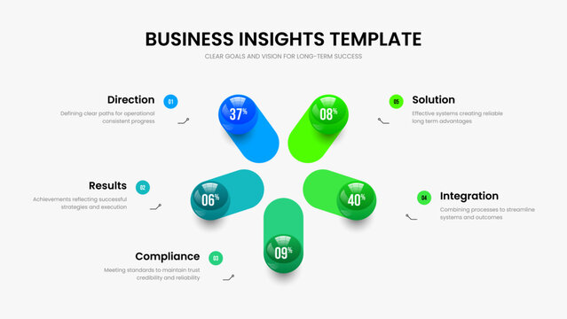Professional Introduction Five Option Chart Slideshow Layout. Business Performance 5 Step Infographic Slide Design. Enterprise Strategy Frame Template Vector Illustration.