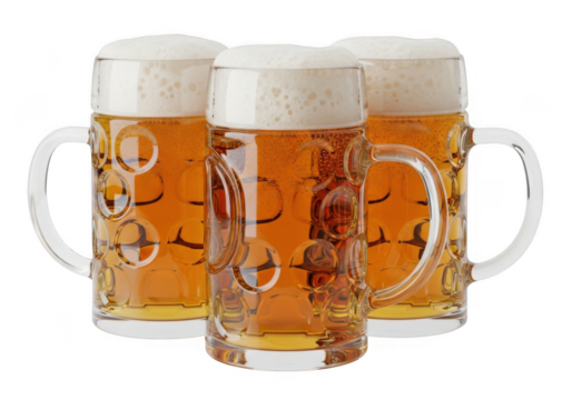 Three beer mugs filled with golden beer and foamy head, isolated on transparent background