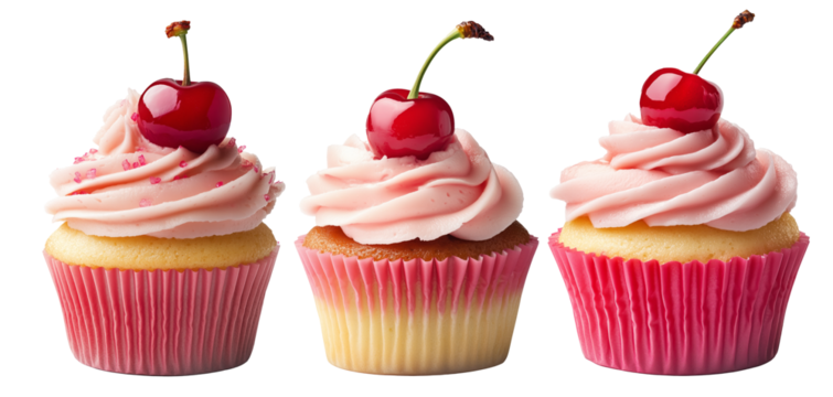 Cupcake with pink swirl frosting and red cherry on top, isolated on white background, concept of dessert treat - Powered by Adobe