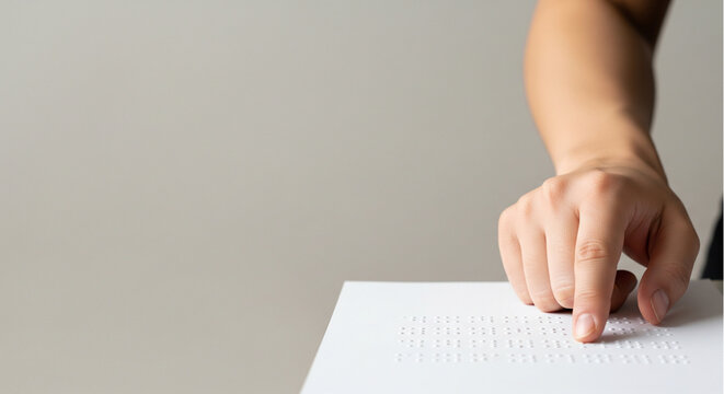 Close up of person reading Braille text with finger. Visually impaired accessibility concept. Blind education and literacy on white paper with copy space. - Powered by Adobe