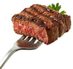 grilled steak slices on a fork isolated on transparent background