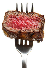 grilled steak slices on a fork isolated on transparent background