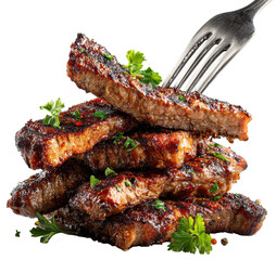 grilled steak slices on a fork isolated on transparent background