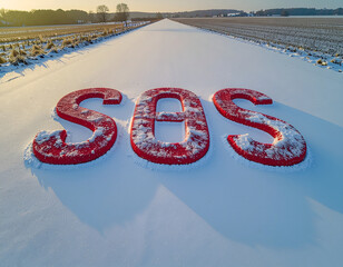 SOS distress signal on snow, a universal signal used to call for help.