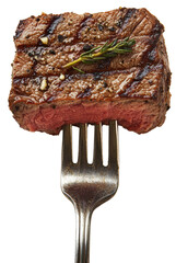 grilled steak slices on a fork isolated on transparent background