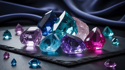 Assortment of colorful faceted gemstones on a dark slate surface jewels crystals
