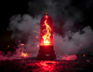 bright red emergency flare glowing in darkness, smoke and sparks rising