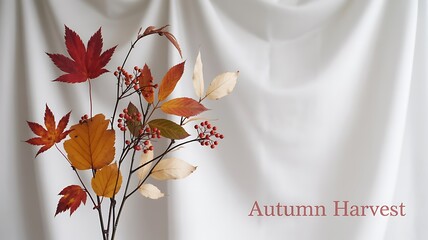 Autumn Leaves and Berries Against White Fabric Backdrop fall foliage