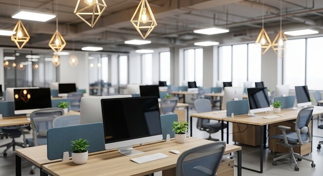 Modern office interior with workstations arranged in rows, natural lighting, and decorative lights. - Powered by Adobe
