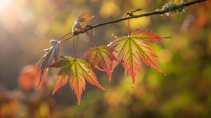 Autumn Maple Leaves in Vibrant Red and Yellow on a Branch with Soft Bokeh Background fall