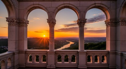 Sunset view from the balcony with arches and columns in the evening light glow
