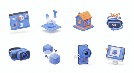 Innovative 3D icons for virtual reality, augmented reality, and digital design, showcasing the future of immersive technology experiences.