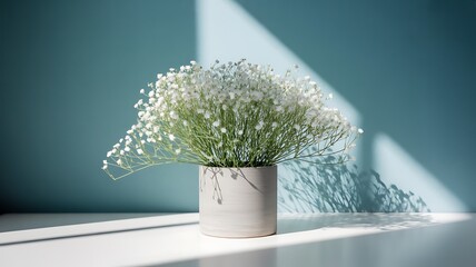 Bunch of White Baby's Breath Flowers in a Gray Pot with Sunlight Shadows gypsophila white flowers