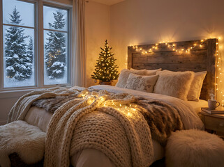cozy Christmas bedroom, fluffy bedding, fairy lights on headboard, soft glowing ambient light.