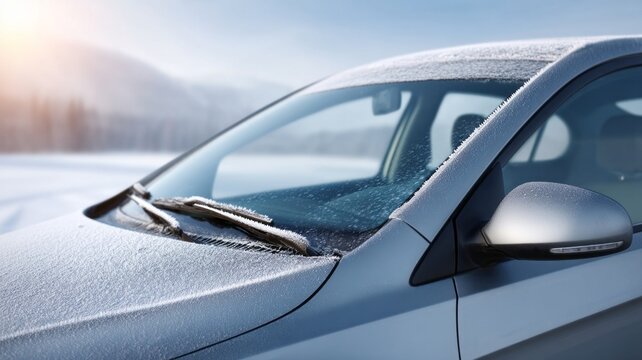A car with frost on the windshield and wipers