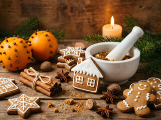 cozy festive still-life, gingerbread cookies, cinnamon sticks, oranges with cloves