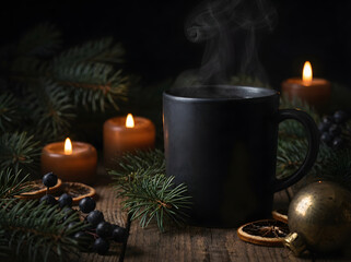 dark Christmas still-life, matte black mug with steam, pine branches in shadow