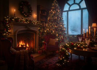 dark cozy Christmas interior, deep warm shadows, candlelit ambience, dark wood texture