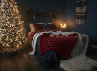 dark festive bedroom, soft warm lights barely illuminating the scene, heavy knitted 